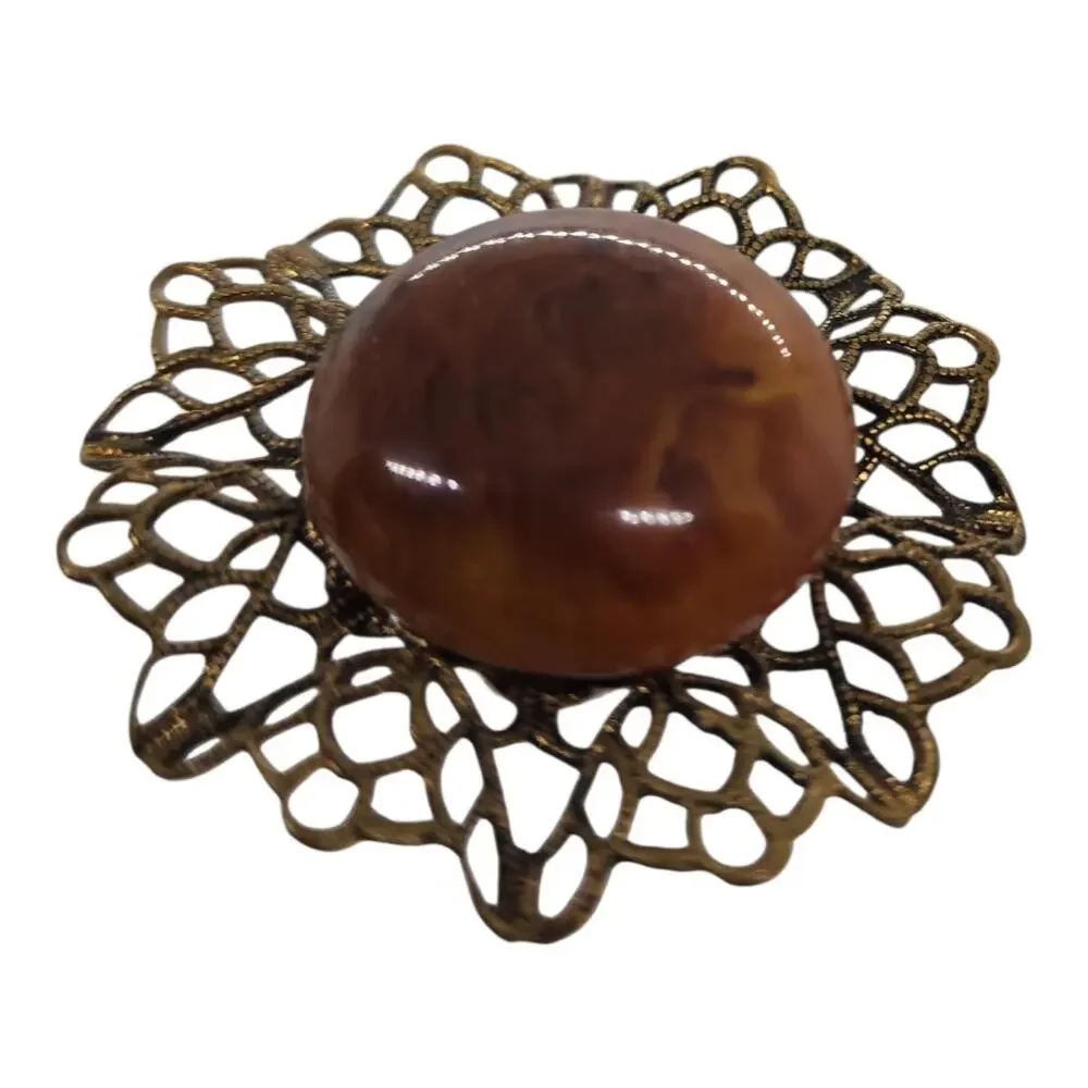 Vintage Lucite Hat Pin Brown Cabochon Filigree Art Glass Bead Long Estate Ornate
